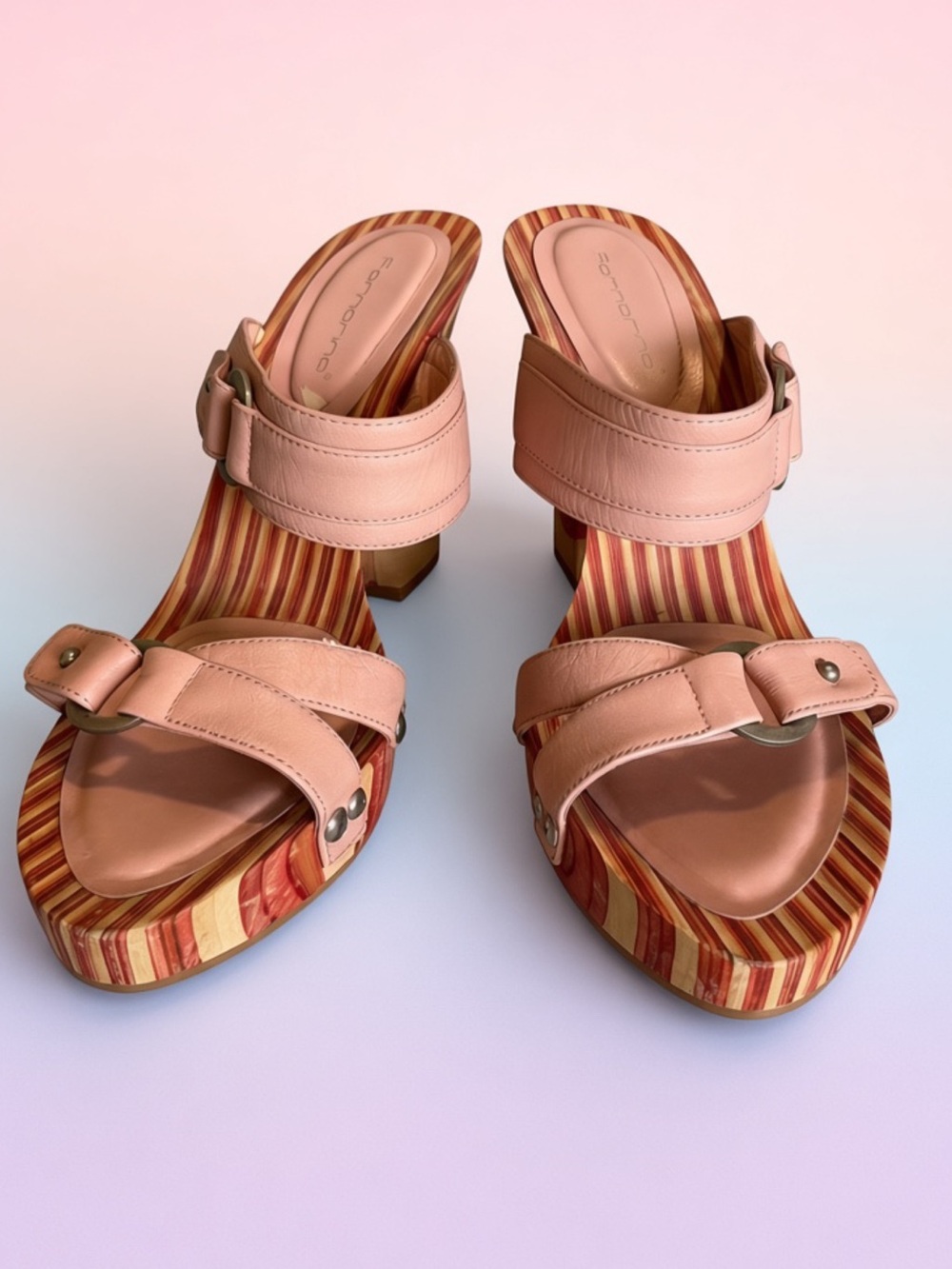Y2K Fornarina Pink/Peach Leather Strappy Platform Mules. Y2K